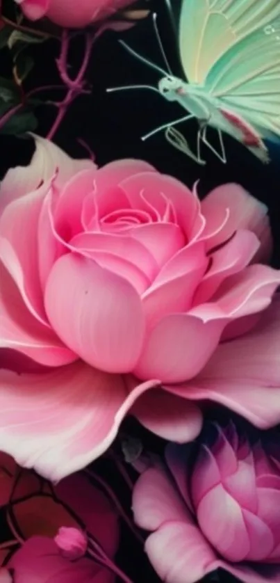 Pastel pink rose with butterfly design on a mobile wallpaper.