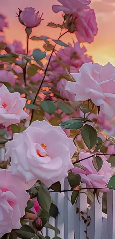 Pastel pink roses with sunset background