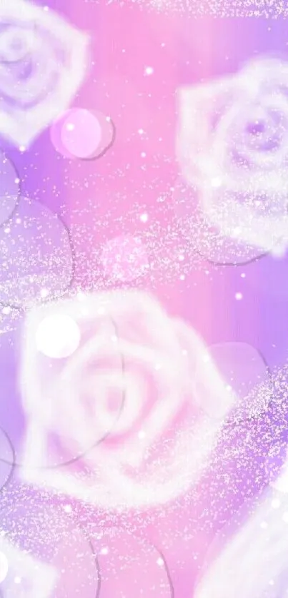 Ethereal white roses on a pastel pink and blue gradient background.