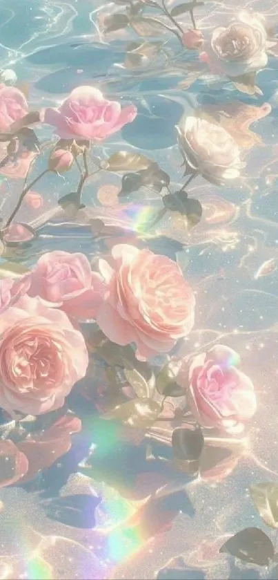 Pastel pink roses floating in shimmering water.