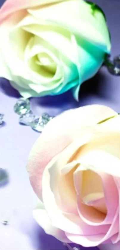 Pastel roses with sparkling diamonds on soft lavender background.