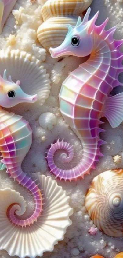 Pastel seahorses and shells on sand background.
