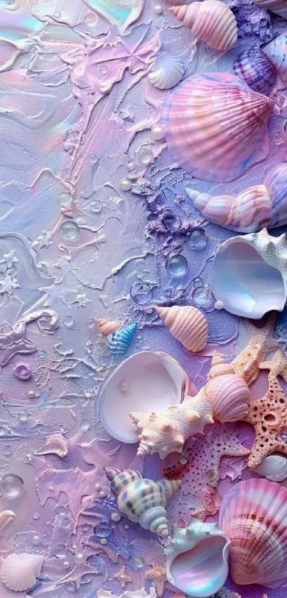 Pastel seashells and starfish art on textured background.