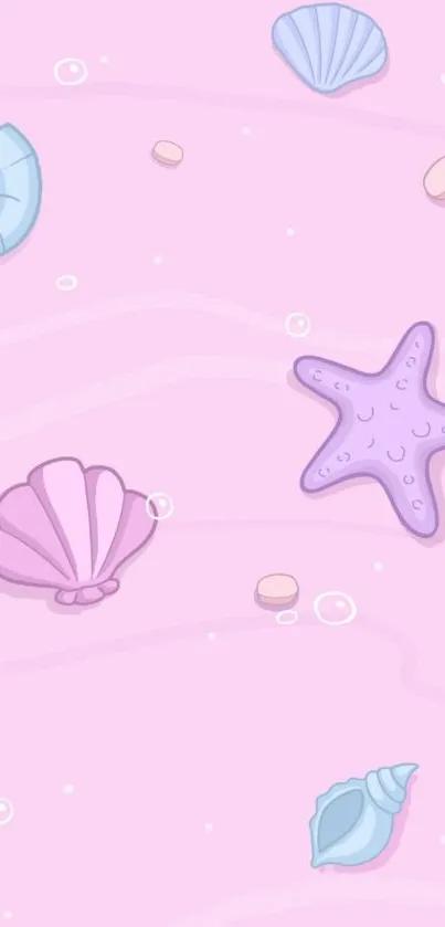 Pastel seashell wallpaper with pink and purple hues creating a calming ocean theme.