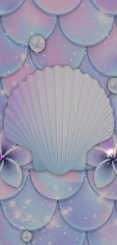 Pastel seashell wallpaper with floral accents in lavender and blue.