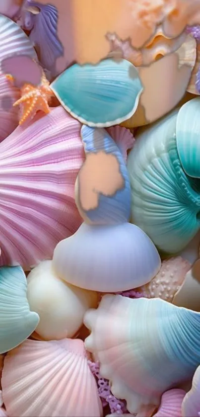 A collection of pastel seashells in soothing soft colors, perfect for wallpaper.