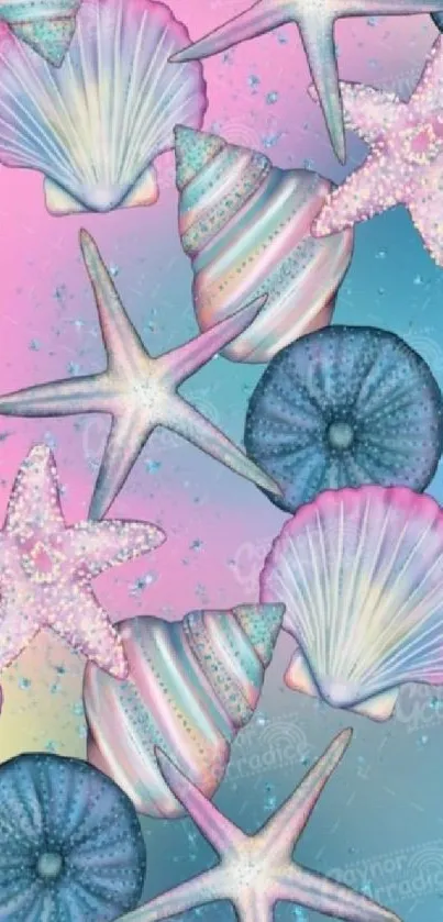 Pastel seashells and starfish on pink-blue mobile wallpaper.