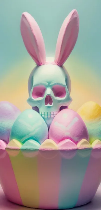 Pastel skull with bunny ears in Easter basket.