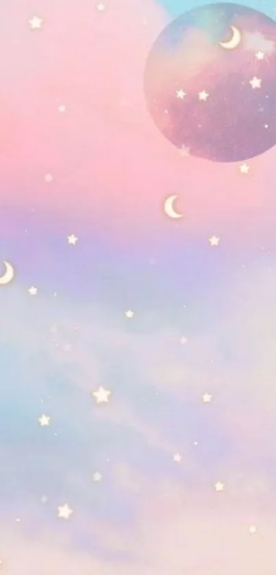 Dreamy pastel galaxy wallpaper with stars, moons, and a serene pink sky.