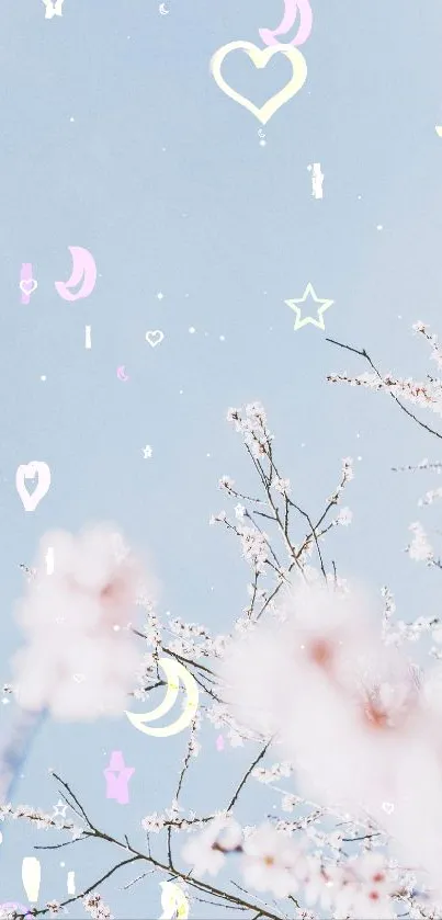 Mobile wallpaper with pastel sky and blossoms, adorned with stars and hearts.