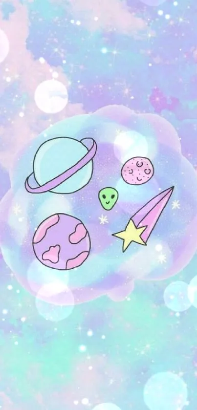 Whimsical pastel space wallpaper with planets and stars.