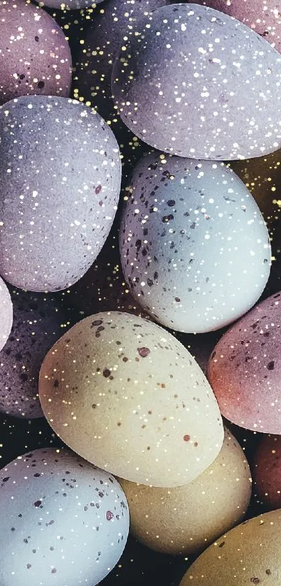 Pastel speckled eggs create a vibrant and colorful phone wallpaper design.