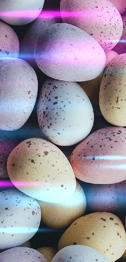 Aesthetic pastel speckled eggs in soft hues for mobile wallpaper.