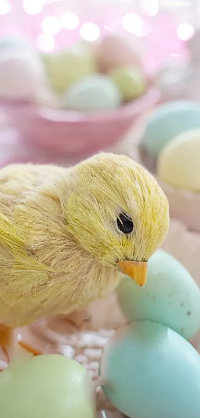 Pastel yellow chick with colorful Easter eggs.