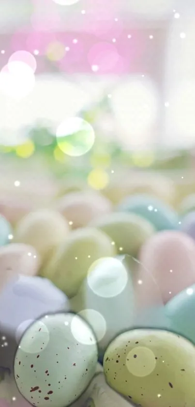 Pastel eggs with bokeh in soft light, creating a serene spring atmosphere.