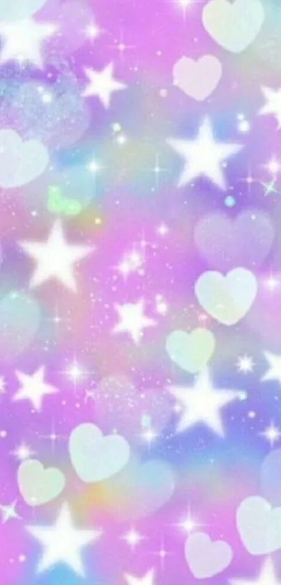 Mobile wallpaper with pastel stars and hearts in a dreamy, colorful design.