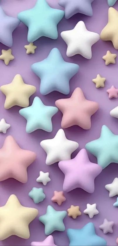 Colorful pastel stars in 3D design on a lavender background for mobile wallpaper.