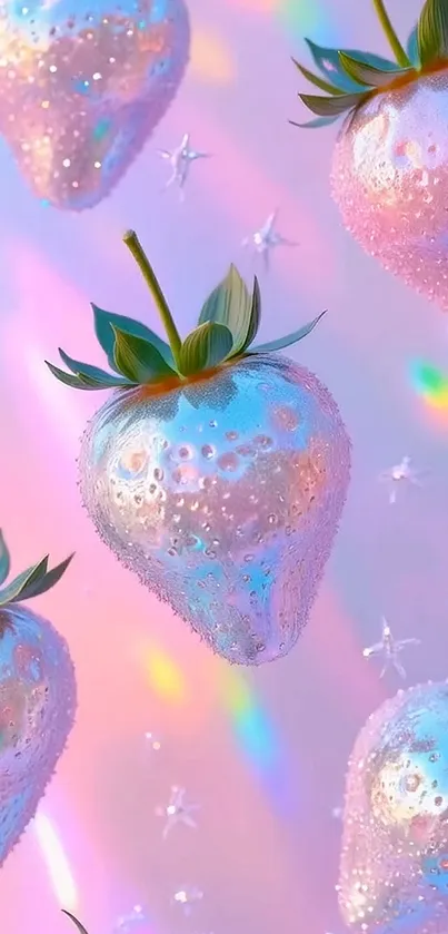 Pastel strawberries with iridescent hues against a dreamy background.