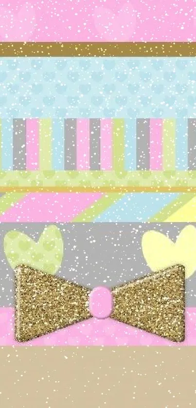 Pastel stripes with gold glitter bow and heart patterns mobile wallpaper.