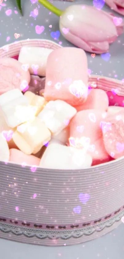 Heart-shaped box with pastel marshmallows.