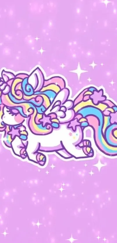 Pastel unicorn flying in a magical lavender sky.