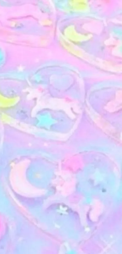 Pastel unicorns and hearts wallpaper with a light pink background.