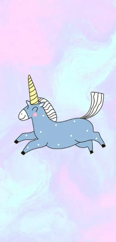 Blue unicorn on pastel pink and blue background fantasy wallpaper.