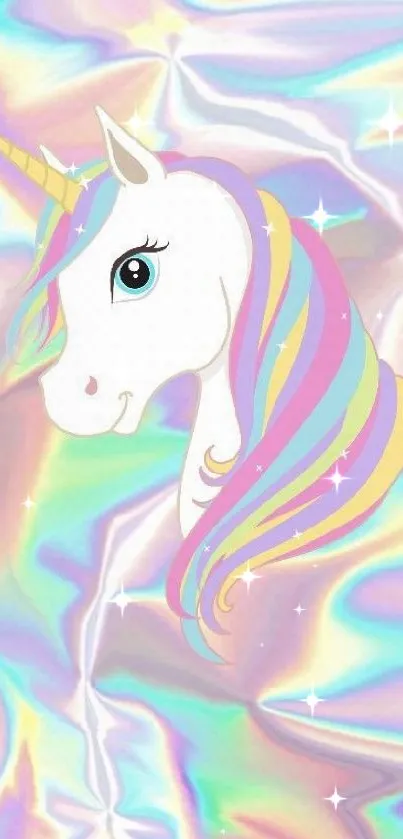 Unicorn with pastel rainbow mane on an iridescent background.