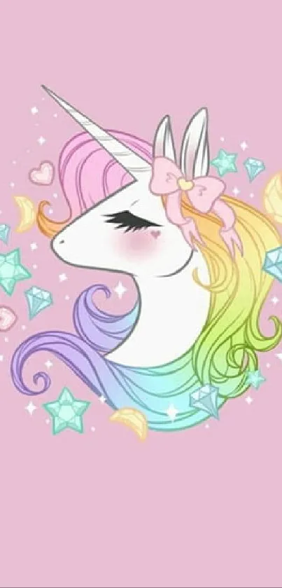 Pastel unicorn wallpaper with rainbow mane and stars on pink background.