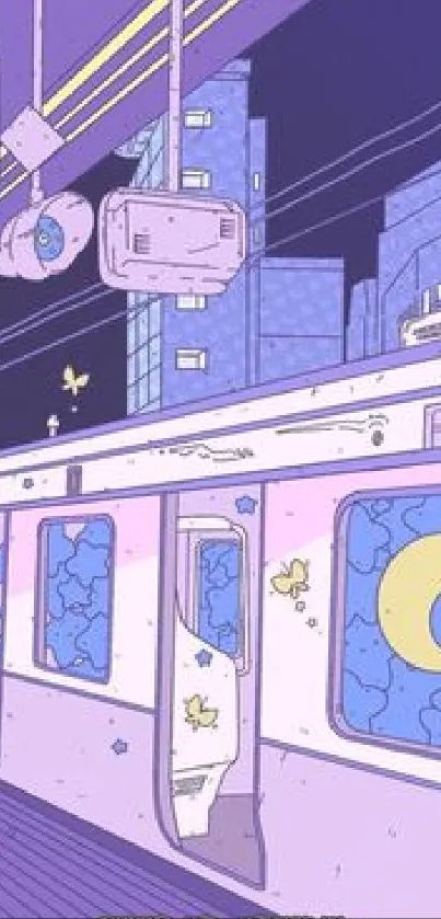 Whimsical pastel train in a cartoonish urban setting at dusk.