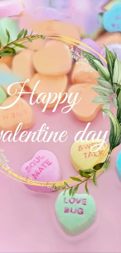 Pastel candy hearts with gold floral wreath for Valentine's Day.