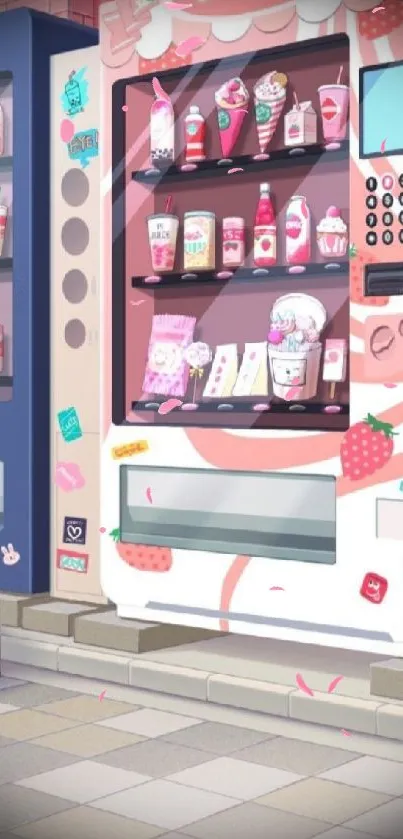 Pastel vending machine with sweets and drinks in a cute, aesthetic design.