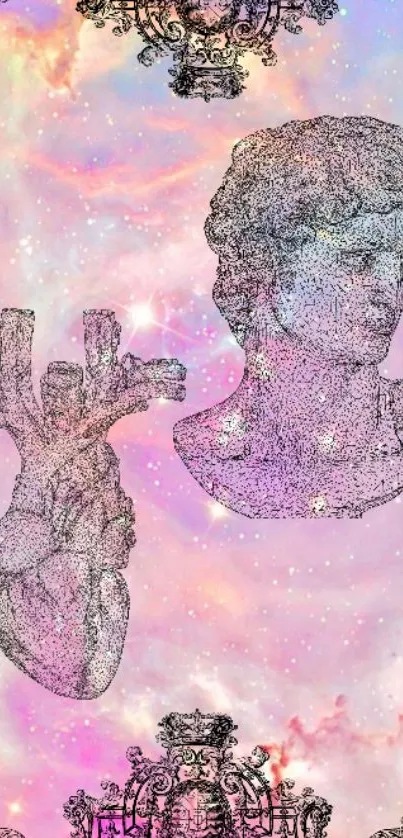 Pastel universe wallpaper with vintage art elements and classical sculptures.