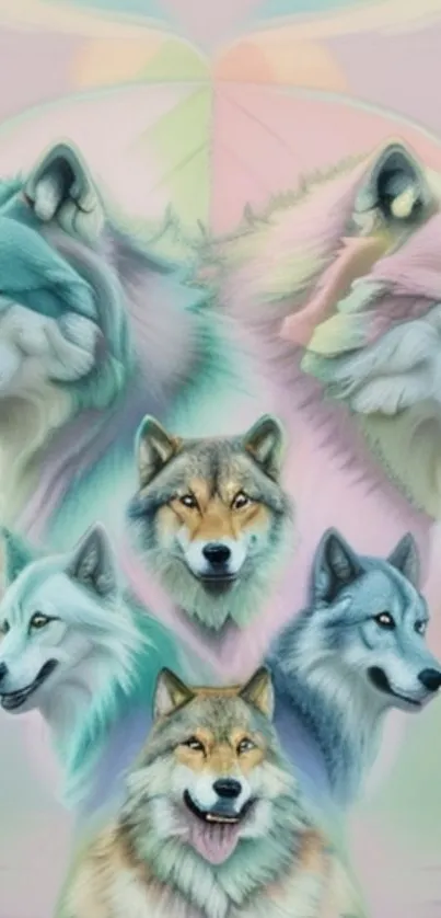Colorful pastel wolves illustration on a mobile wallpaper.