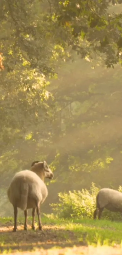 Idyllic scene of sheep grazing in a sunlit forest.