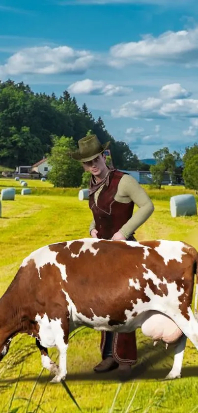 Cow grazing in a lush green, pastoral countryside setting.