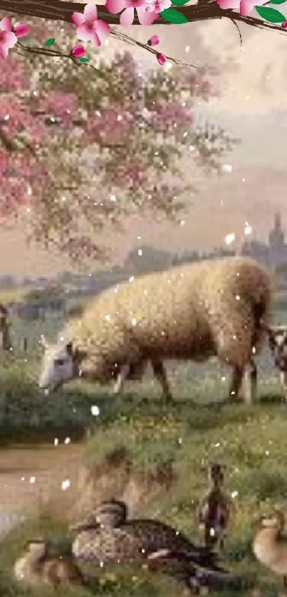 Pastoral sheep with cherry blossoms and snowfall, spring landscape.