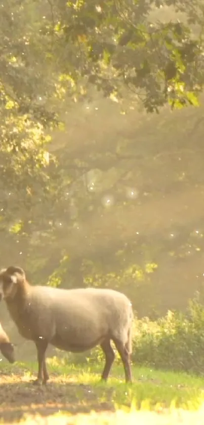 Pastoral scene with sheep under morning light and golden hues.