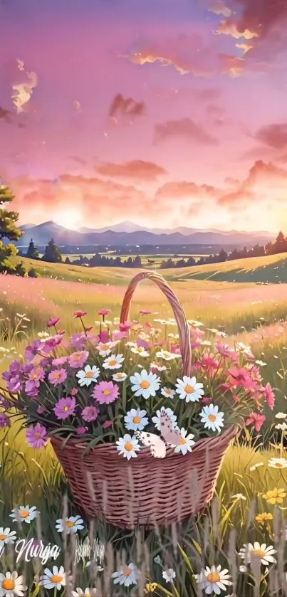 Sunset over fields with flower basket.