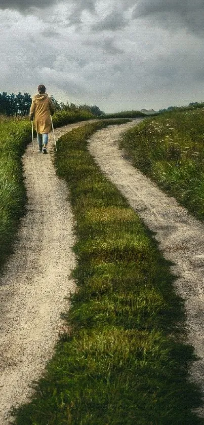 A lone figure walks on a winding path through lush green fields under a cloudy sky.