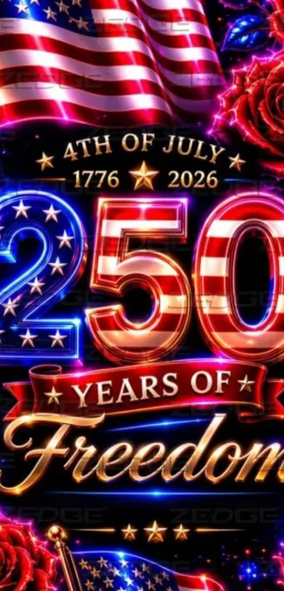250th independence day celebration wallpaper with flags and roses.