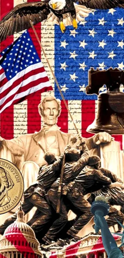 Patriotic collage featuring American symbols like the flag and Liberty Bell.