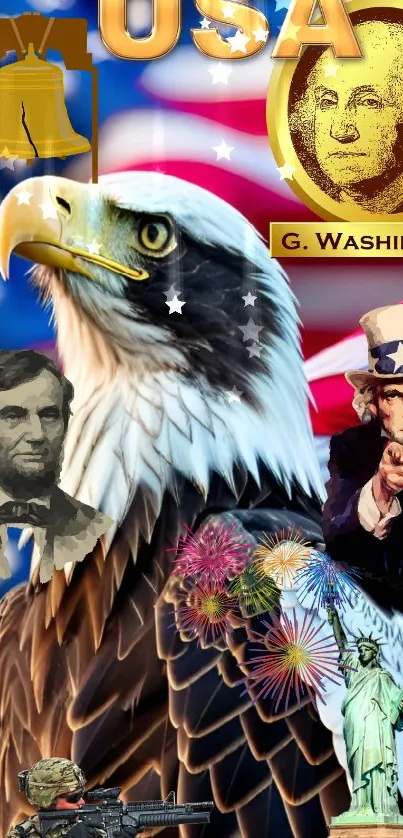 American eagle with patriotic symbols and historic figures in colorful montage.