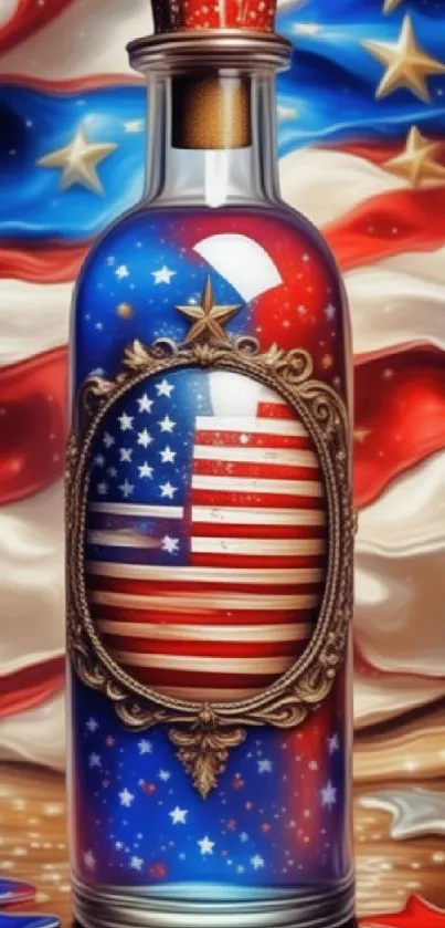 Colorful bottle with American flag art amidst stars and stripes.