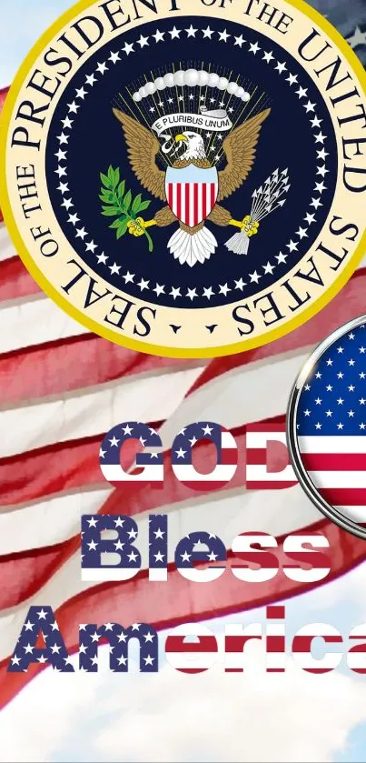 U.S. presidential seal and flag mobile wallpaper with God Bless America.