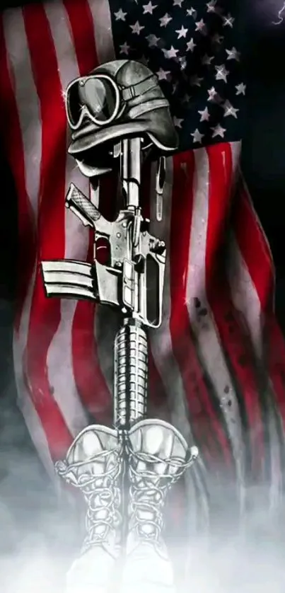 Patriotic wallpaper with American flag, rifle, and helmet.