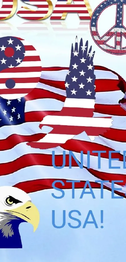 American flag with peace and eagle symbols against blue sky.