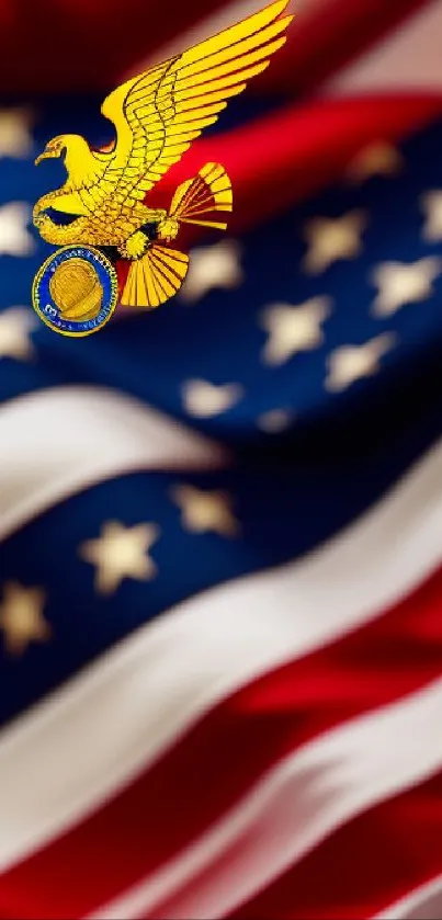 Vibrant American flag with gold eagle insignia.