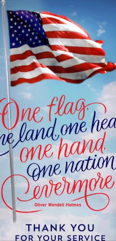 American flag with a patriotic quote and blue sky background.