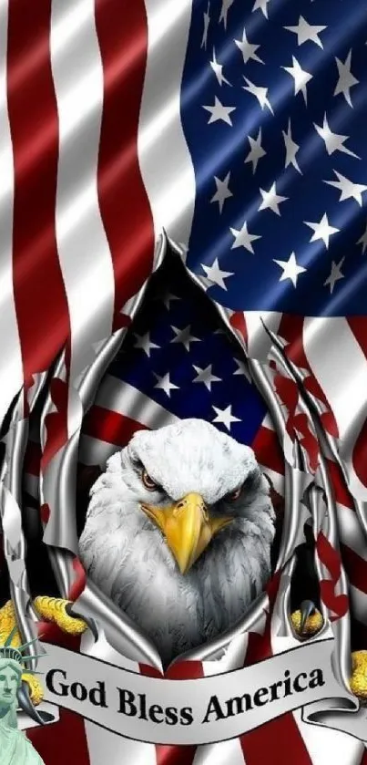 Patriotic wallpaper with eagle, flag, Statue of Liberty.